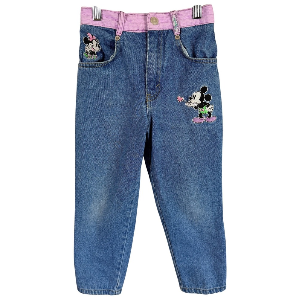 Vintage 90s Mickey & Co Jeans Girls Size 6 Blue Purple Mickey Minnie Embroidered